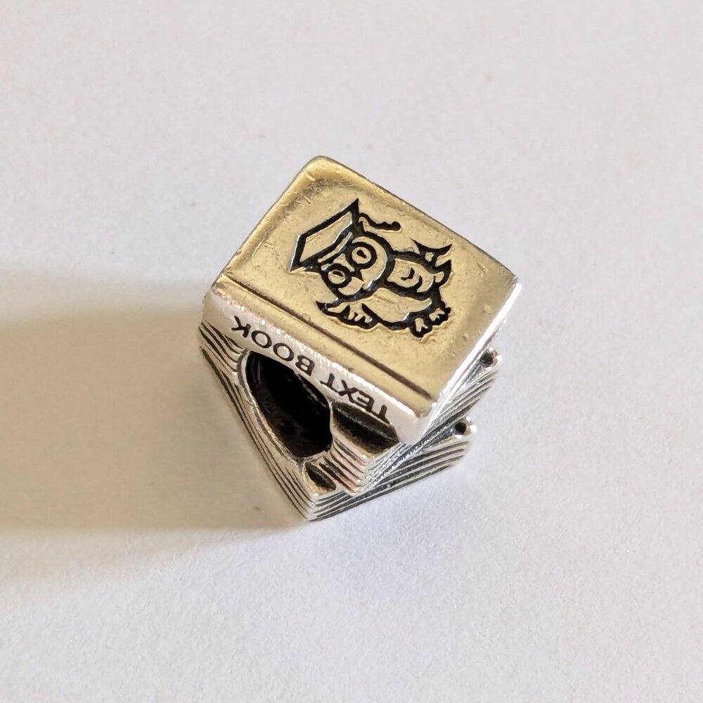 Pandora Retired Sterling Silver "Study Books" Textbook Owl Charm